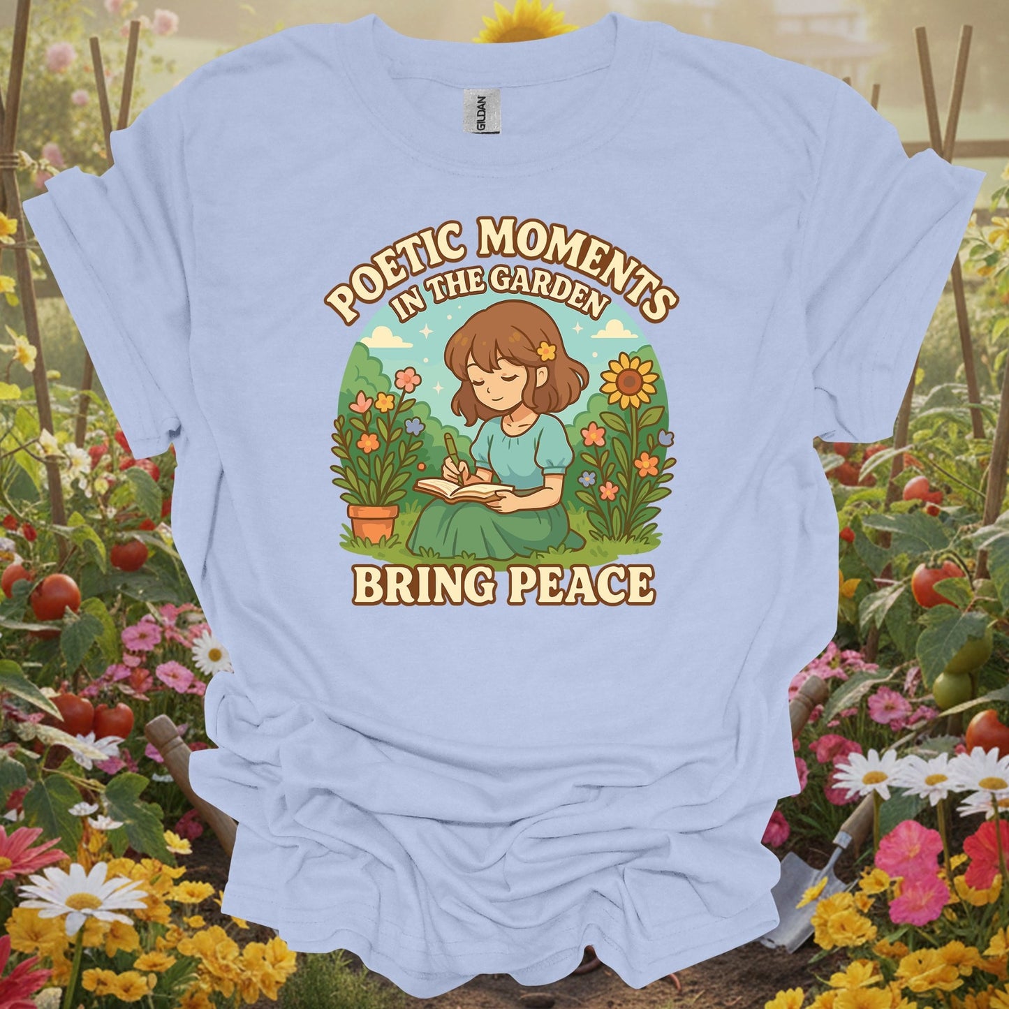 Light Blue gardening shirt with anime girl meditating in zen garden for mindful gardeners, meditation practitioners, anime fans