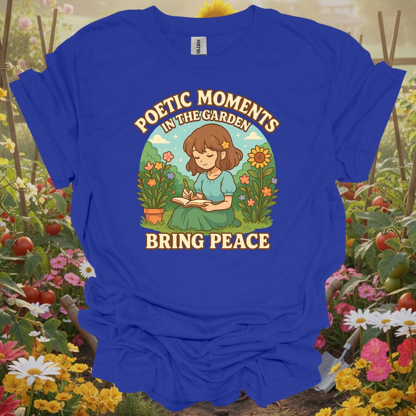 Royal gardening shirt with anime girl meditating in zen garden for mindful gardeners, meditation practitioners, anime fans