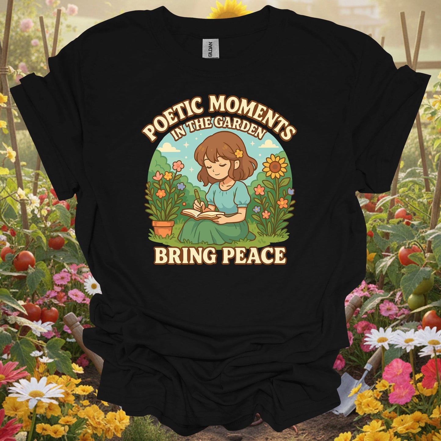 Black gardening shirt with anime girl meditating in zen garden for mindful gardeners, meditation practitioners, anime fans
