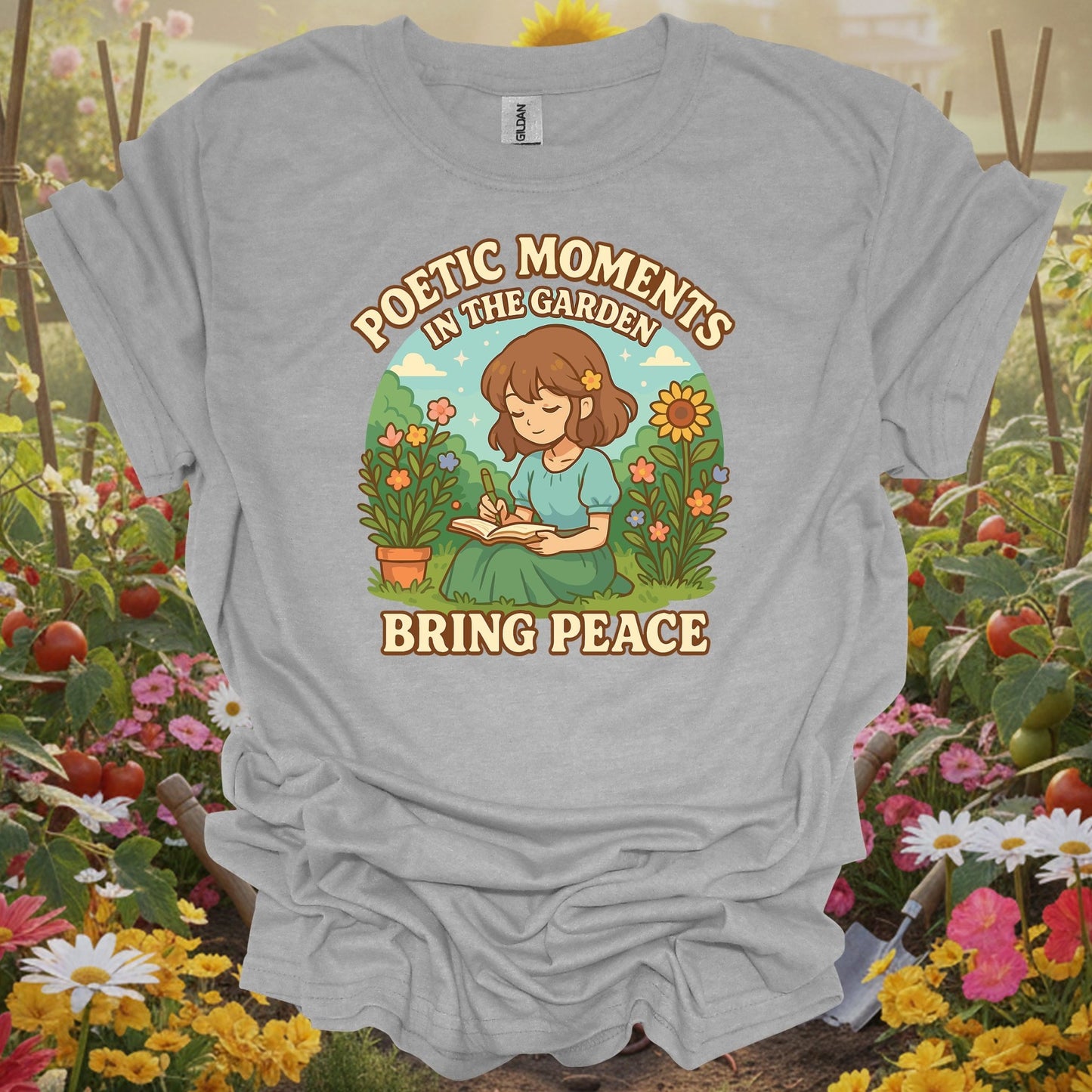 Sport Grey gardening shirt with anime girl meditating in zen garden for mindful gardeners, meditation practitioners, anime fans