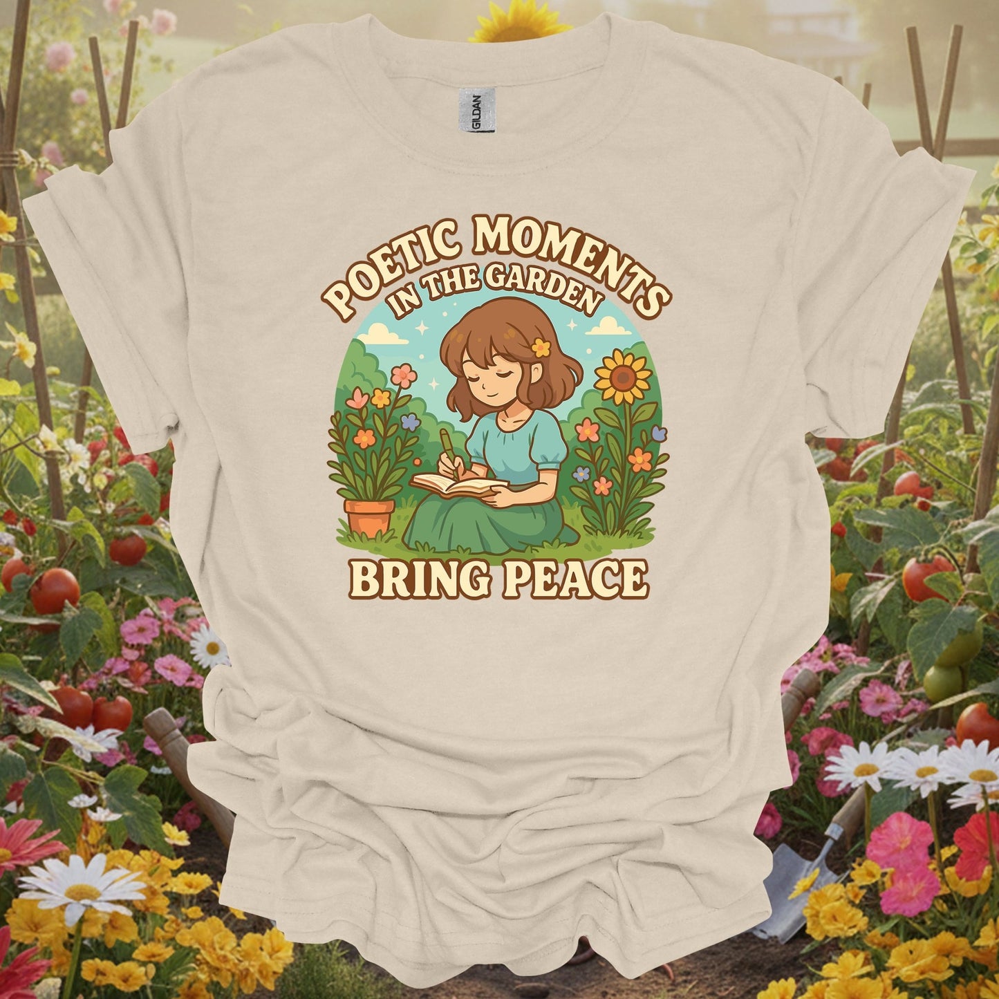 Natural gardening shirt with anime girl meditating in zen garden for mindful gardeners, meditation practitioners, anime fans