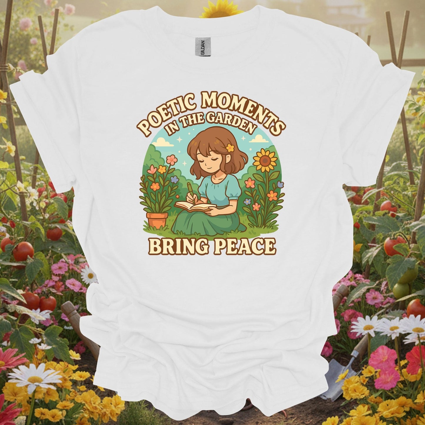 White gardening shirt with anime girl meditating in zen garden for mindful gardeners, meditation practitioners, anime fans
