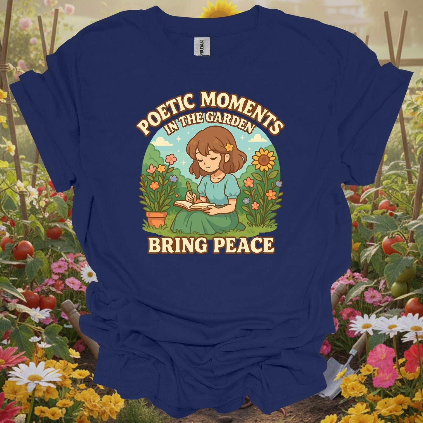 Navy gardening shirt with anime girl meditating in zen garden for mindful gardeners, meditation practitioners, anime fans