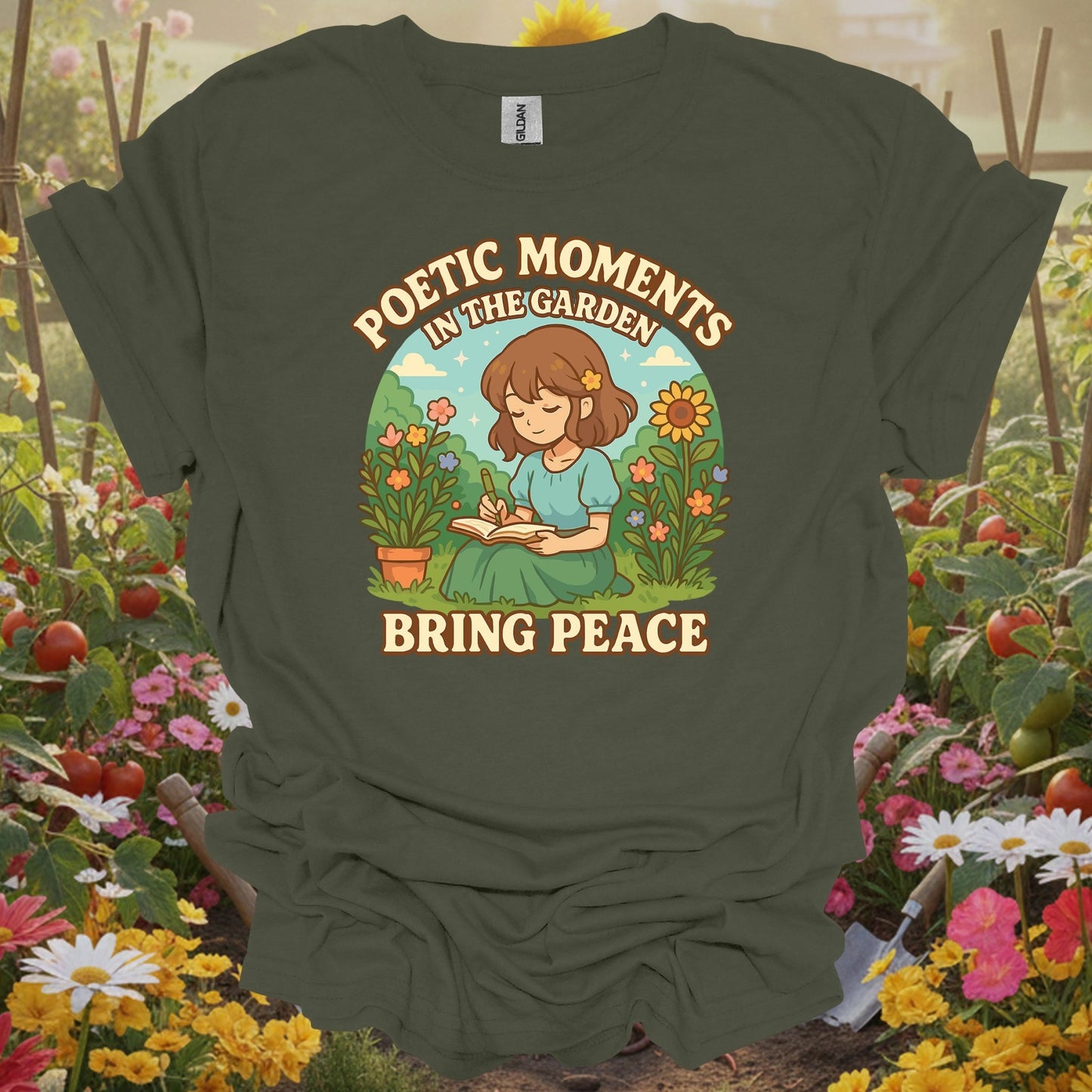 Military Green gardening shirt with anime girl meditating in zen garden for mindful gardeners, meditation practitioners, anime fans