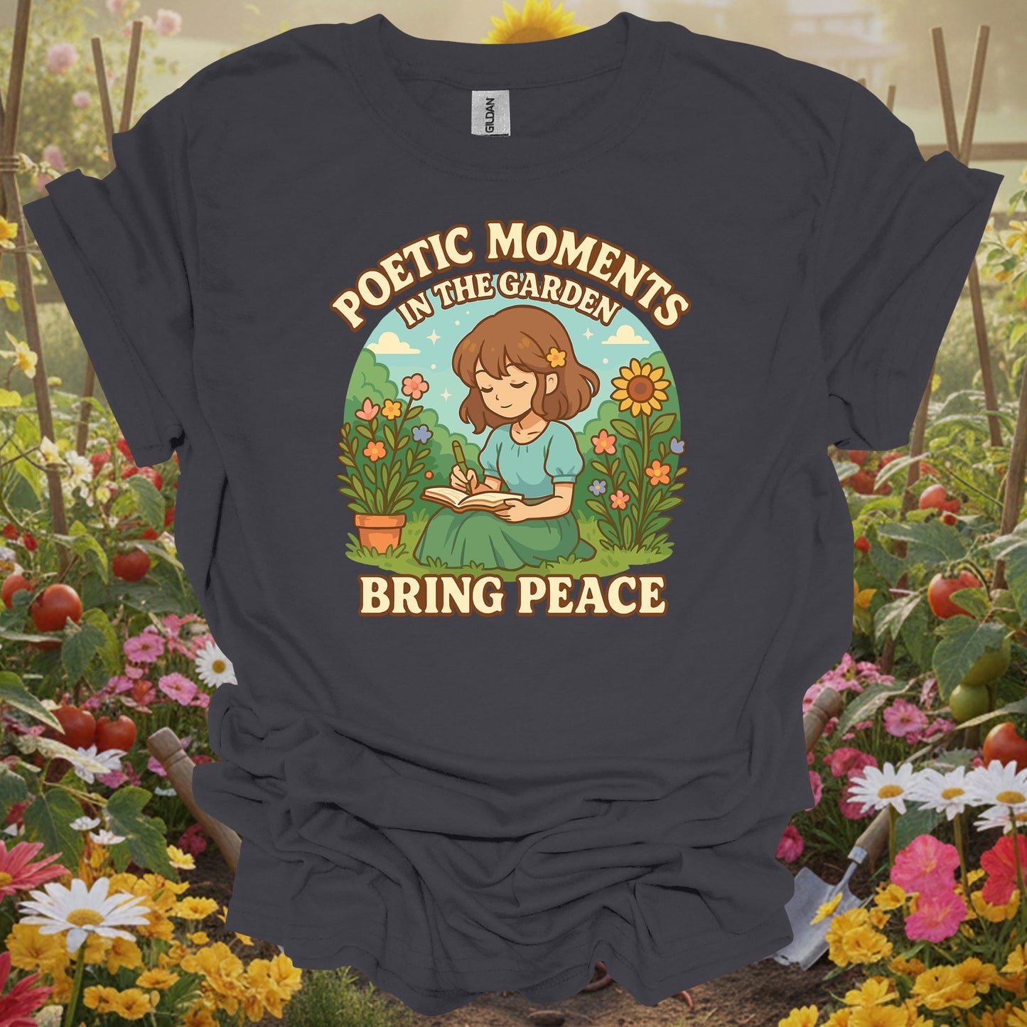 Charcoal gardening shirt with anime girl meditating in zen garden for mindful gardeners, meditation practitioners, anime fans