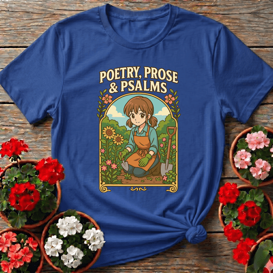 Royal retro cottagecore botanical gardening tee "Poetry Prose and Psalms" for creative women gardeners