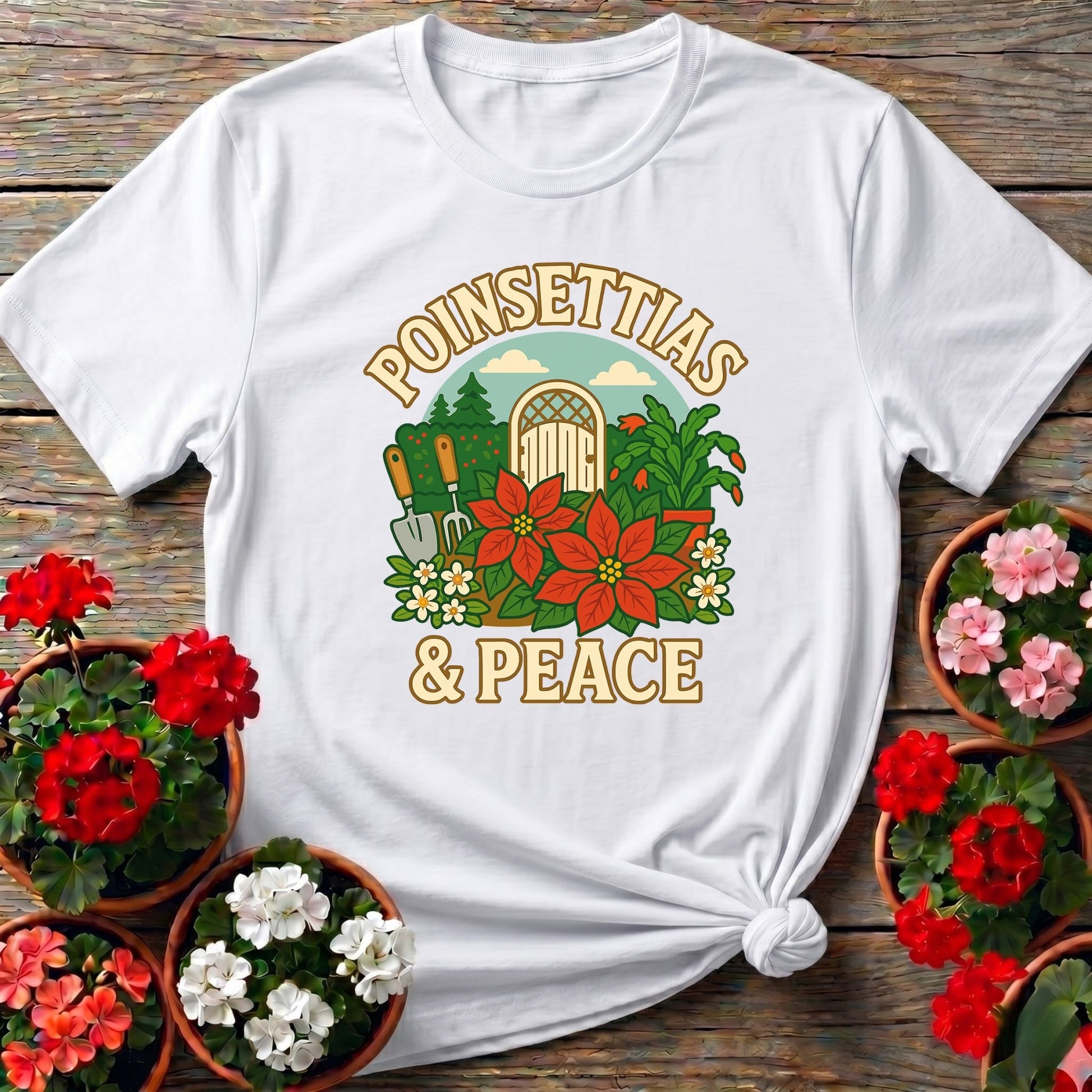 Poinsettias and Peace Festive Christmas Tee - GardeningTshirts