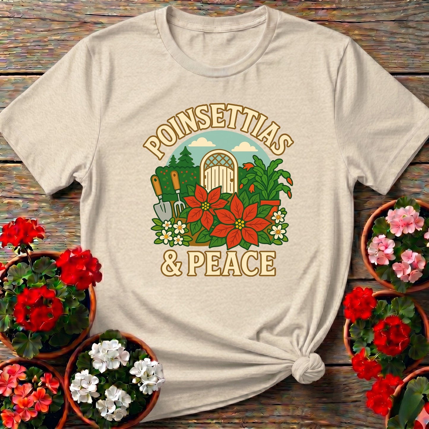 Poinsettias and Peace Festive Christmas Tee - GardeningTshirts