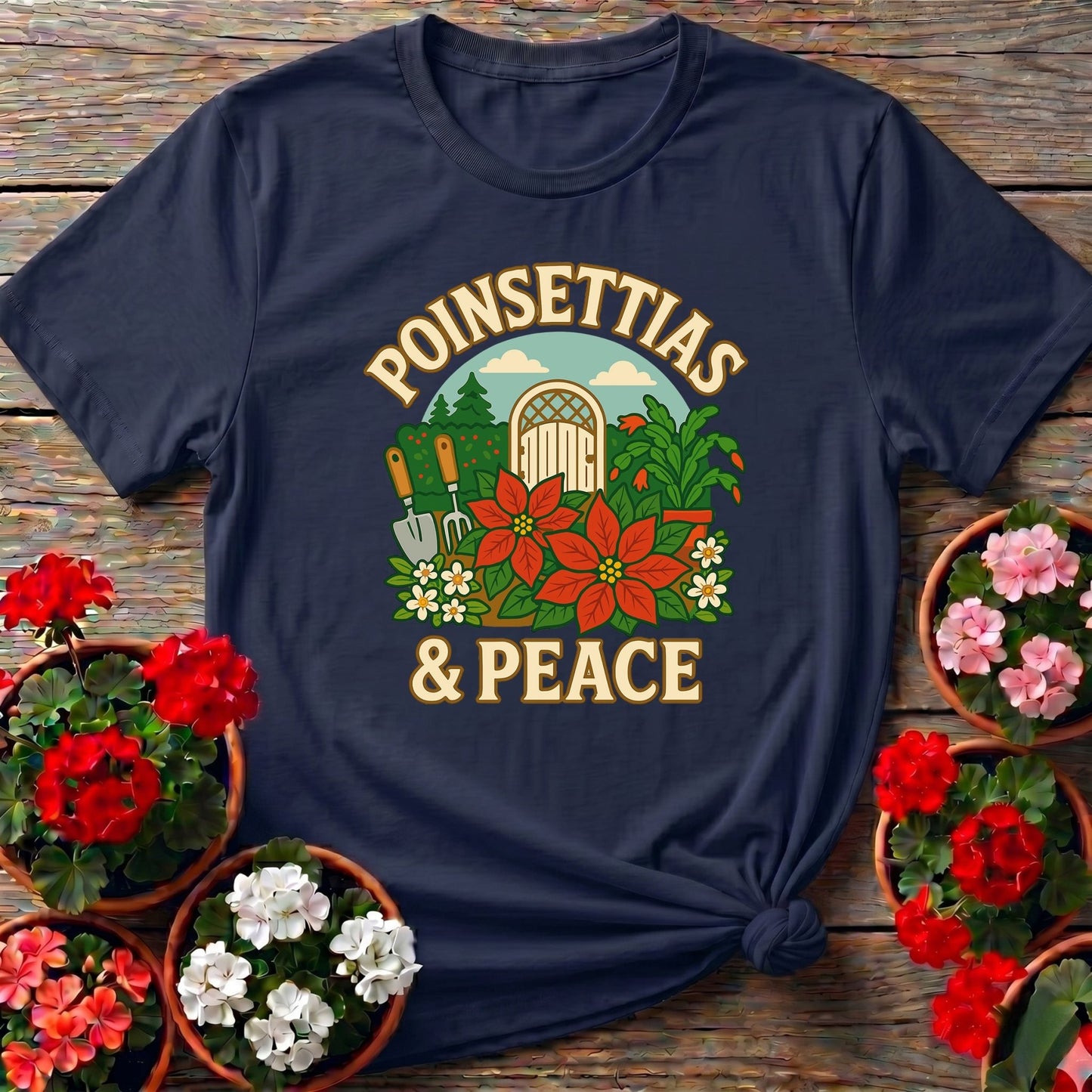 Poinsettias and Peace Festive Christmas Tee - GardeningTshirts