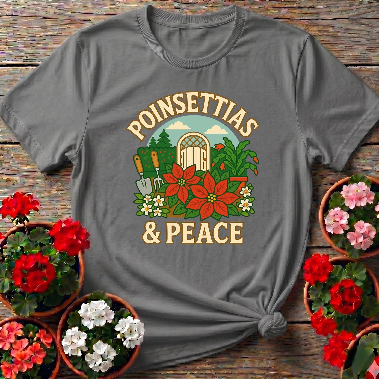 Poinsettias and Peace Festive Christmas Tee - GardeningTshirts