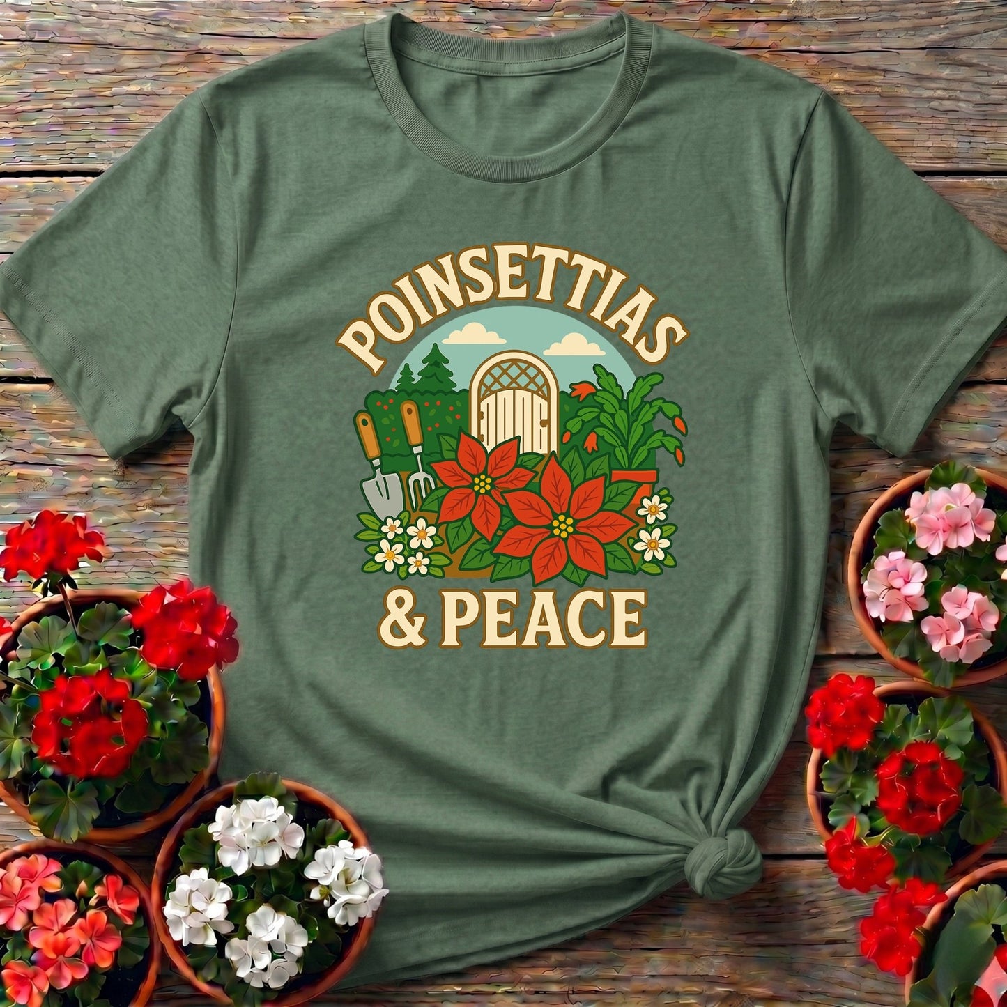 Poinsettias and Peace Festive Christmas Tee - GardeningTshirts