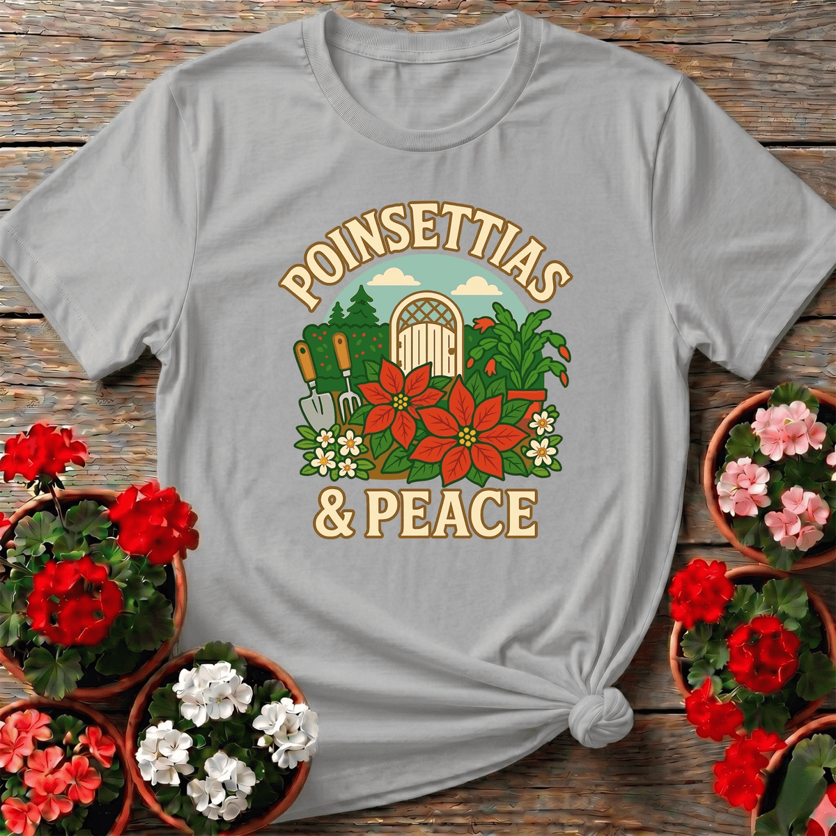 Poinsettias and Peace Festive Christmas Tee - GardeningTshirts