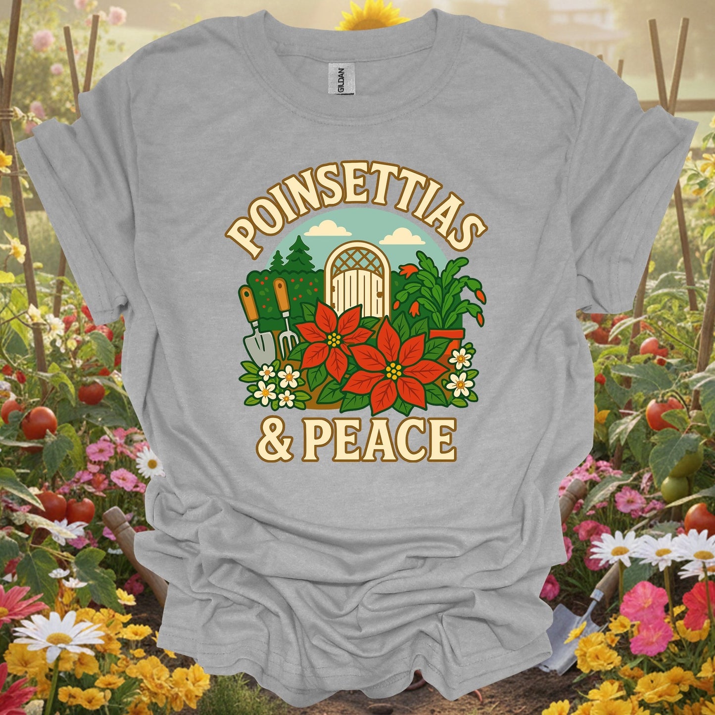 "Poinsettias & Peace" Festive Holiday Christmas Garden Scene Tee - GardeningTshirts