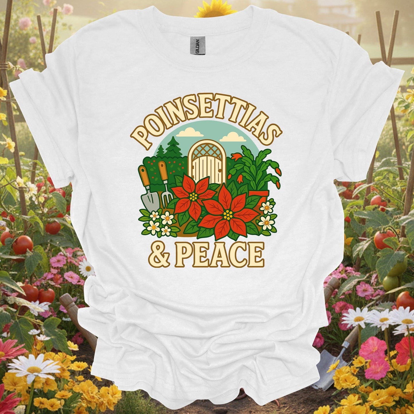 "Poinsettias & Peace" Festive Holiday Christmas Garden Scene Tee - GardeningTshirts