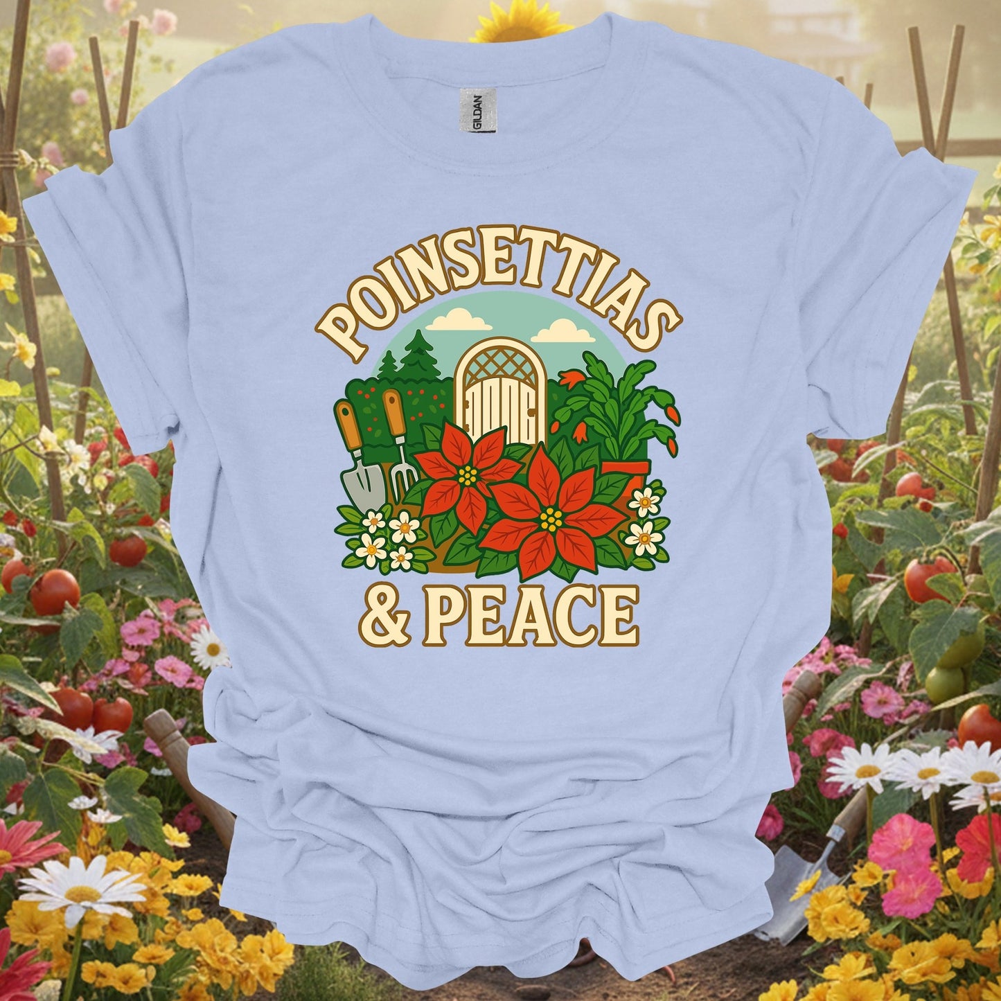 "Poinsettias & Peace" Festive Holiday Christmas Garden Scene Tee - GardeningTshirts