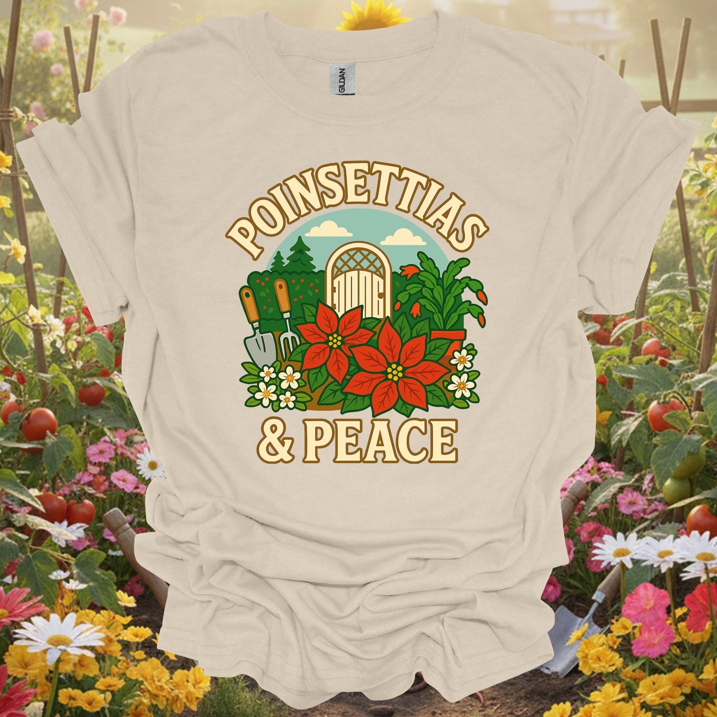 "Poinsettias & Peace" Festive Holiday Christmas Garden Scene Tee - GardeningTshirts