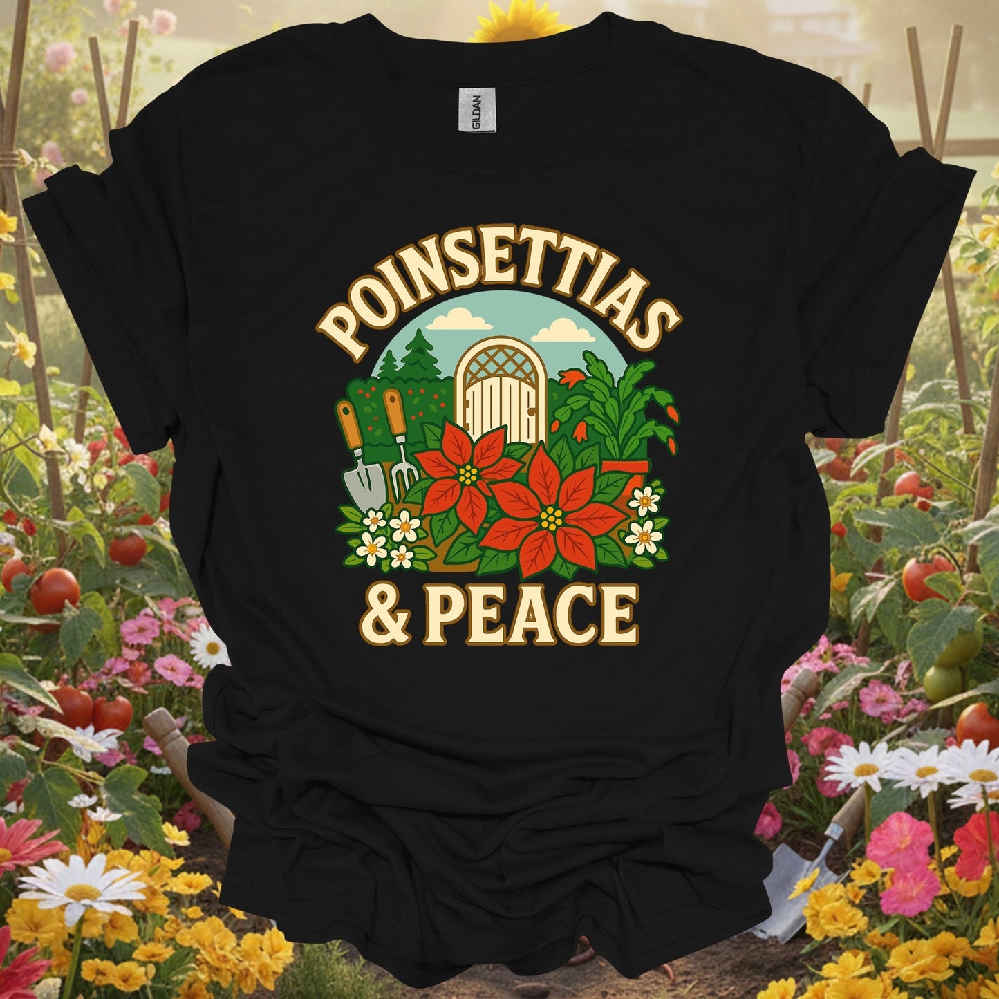 "Poinsettias & Peace" Festive Holiday Christmas Garden Scene Tee - GardeningTshirts