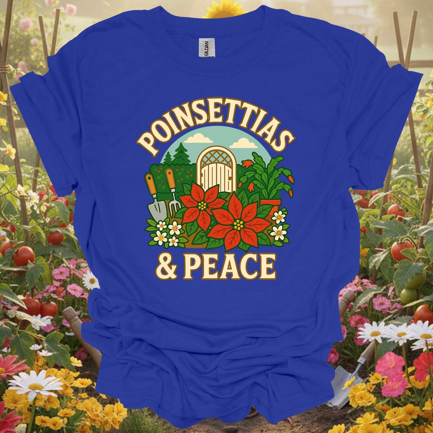 "Poinsettias & Peace" Festive Holiday Christmas Garden Scene Tee - GardeningTshirts