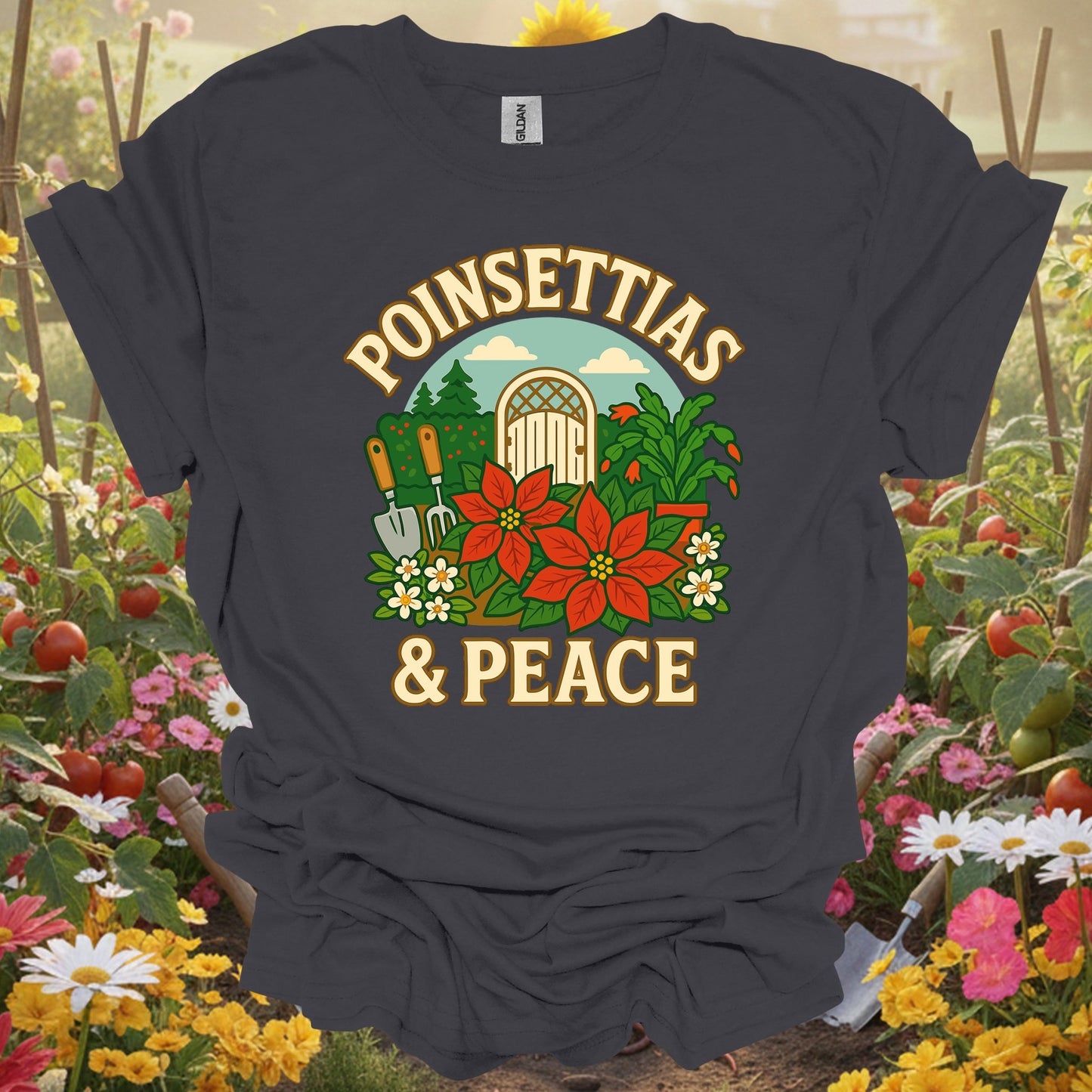 "Poinsettias & Peace" Festive Holiday Christmas Garden Scene Tee - GardeningTshirts