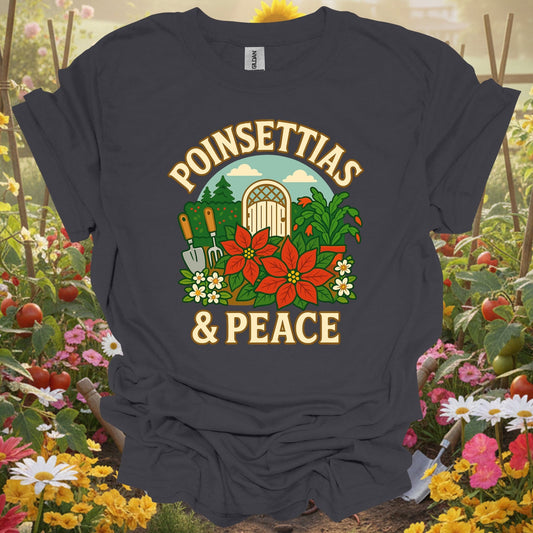 "Poinsettias & Peace" Festive Holiday Christmas Garden Scene Tee - GardeningTshirts