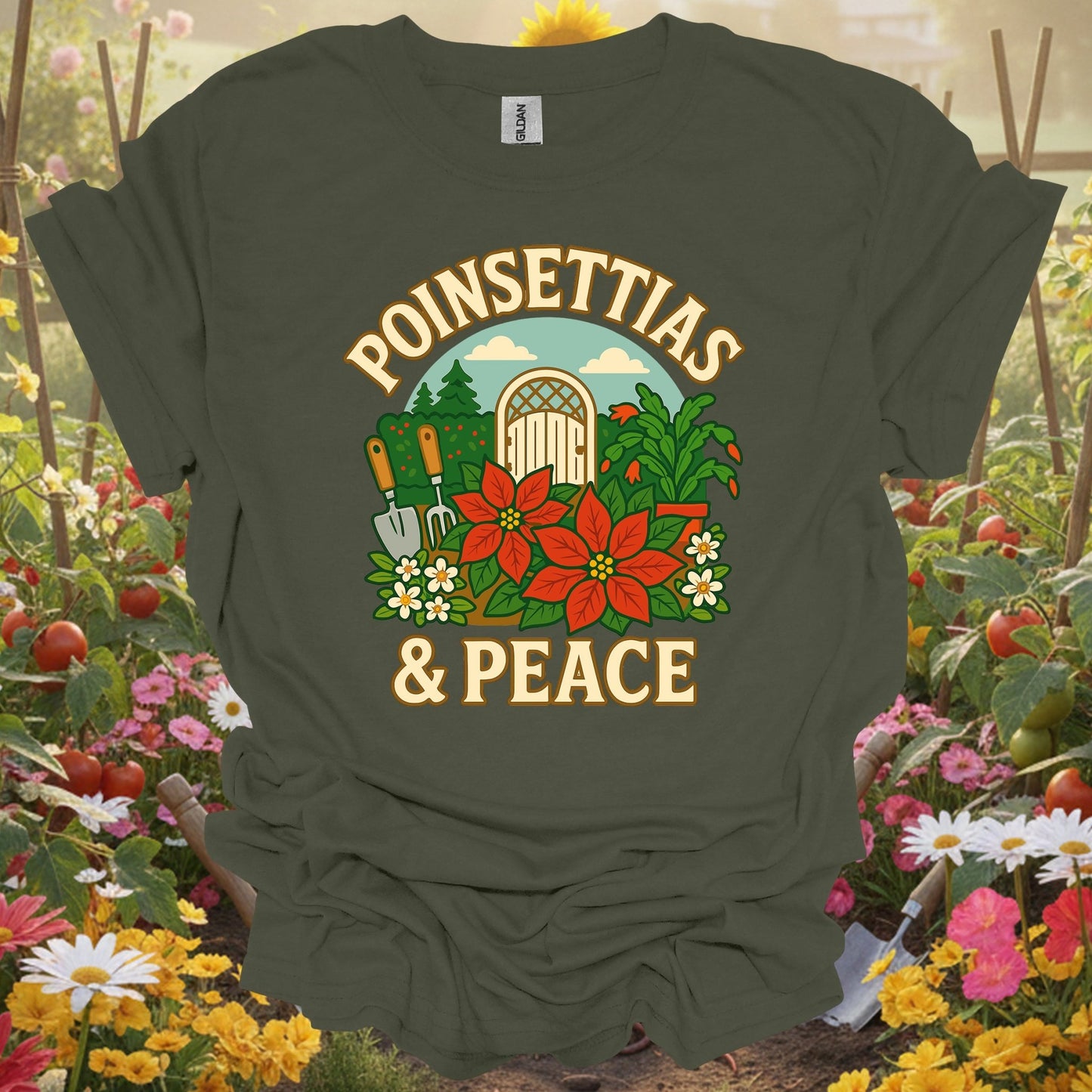"Poinsettias & Peace" Festive Holiday Christmas Garden Scene Tee - GardeningTshirts