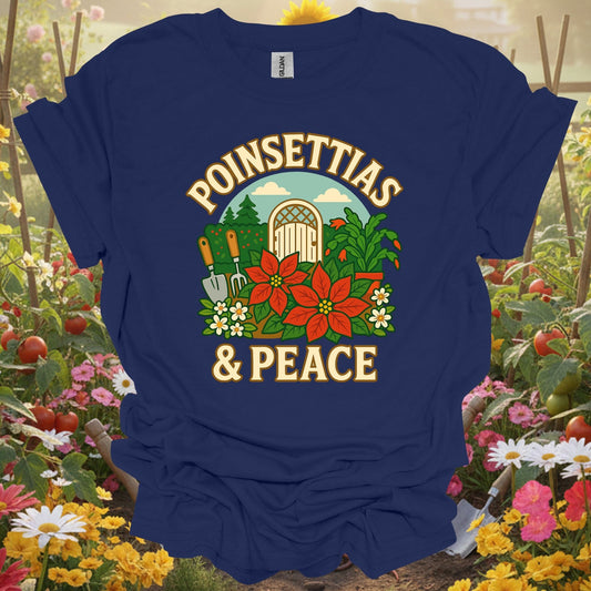 "Poinsettias & Peace" Festive Holiday Christmas Garden Scene Tee - GardeningTshirts