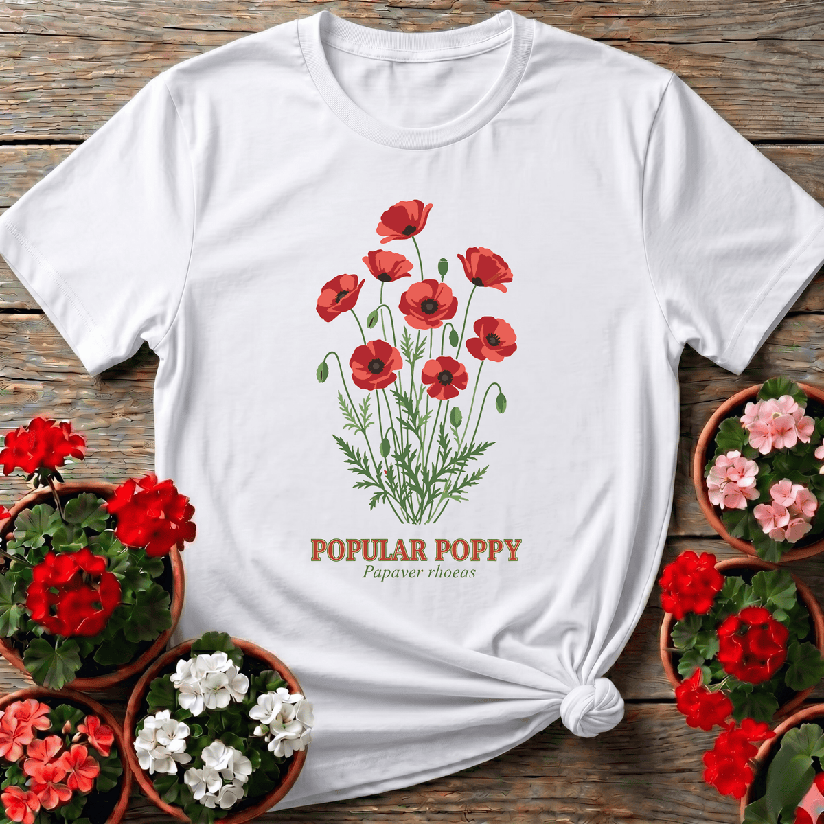 White cottagecore botanical wildflower shirt with Popular Poppy Papaver rhoeas design for garden enthusiasts