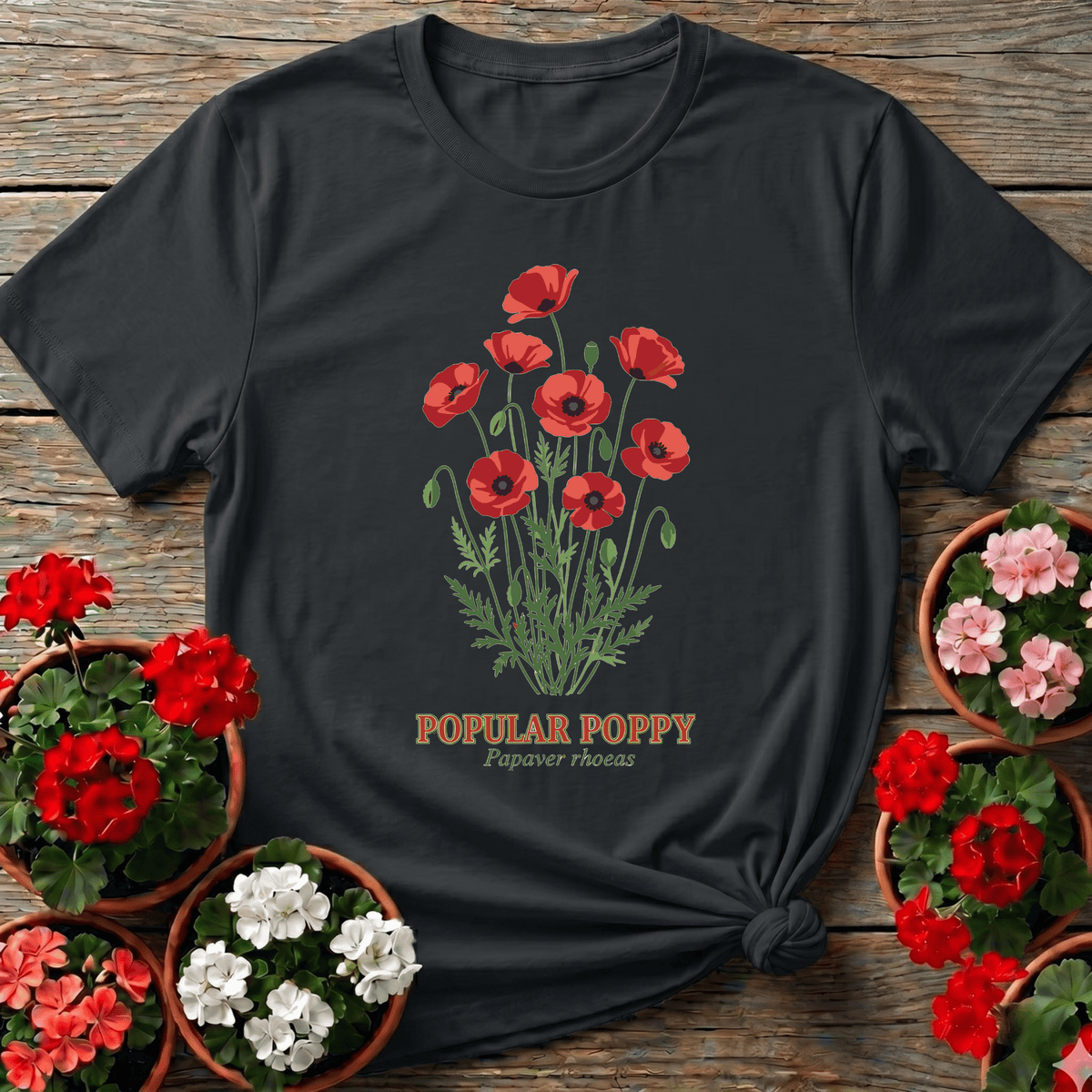 Black botanical illustration Popular Poppy Papaver rhoeas gardening tee for wildflower lovers