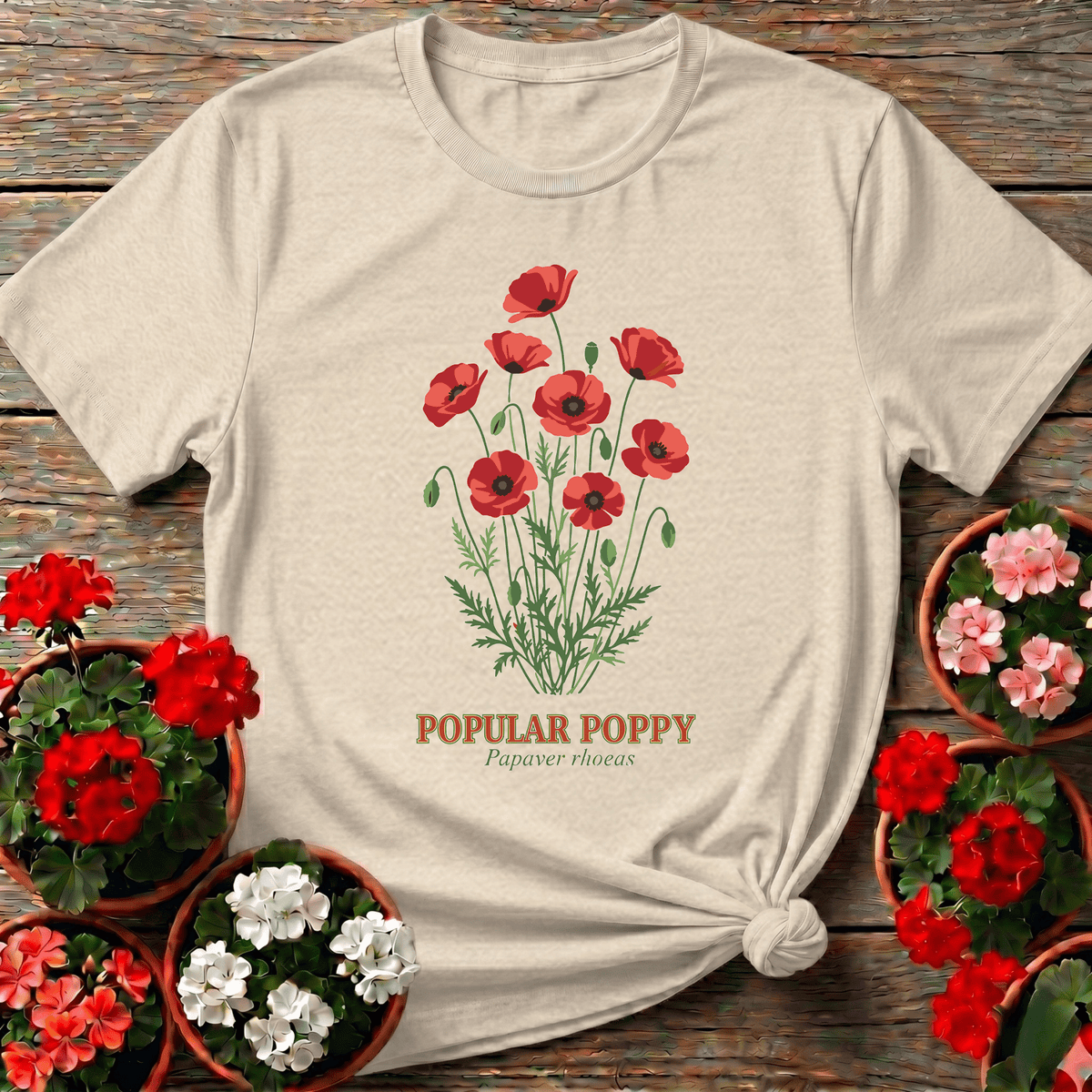Natural vintage botanical Popular Poppy t-shirt for cottage garden lovers and plant journal keepers