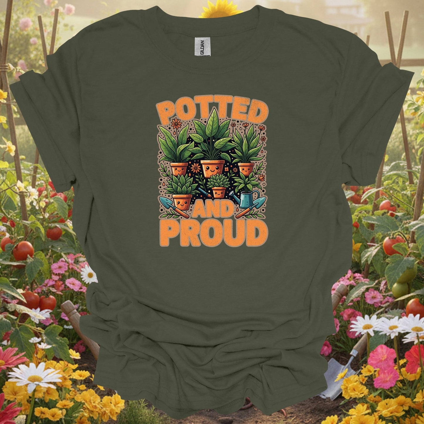 Military Green top showing potted and proud cute houseplant for nature lovers