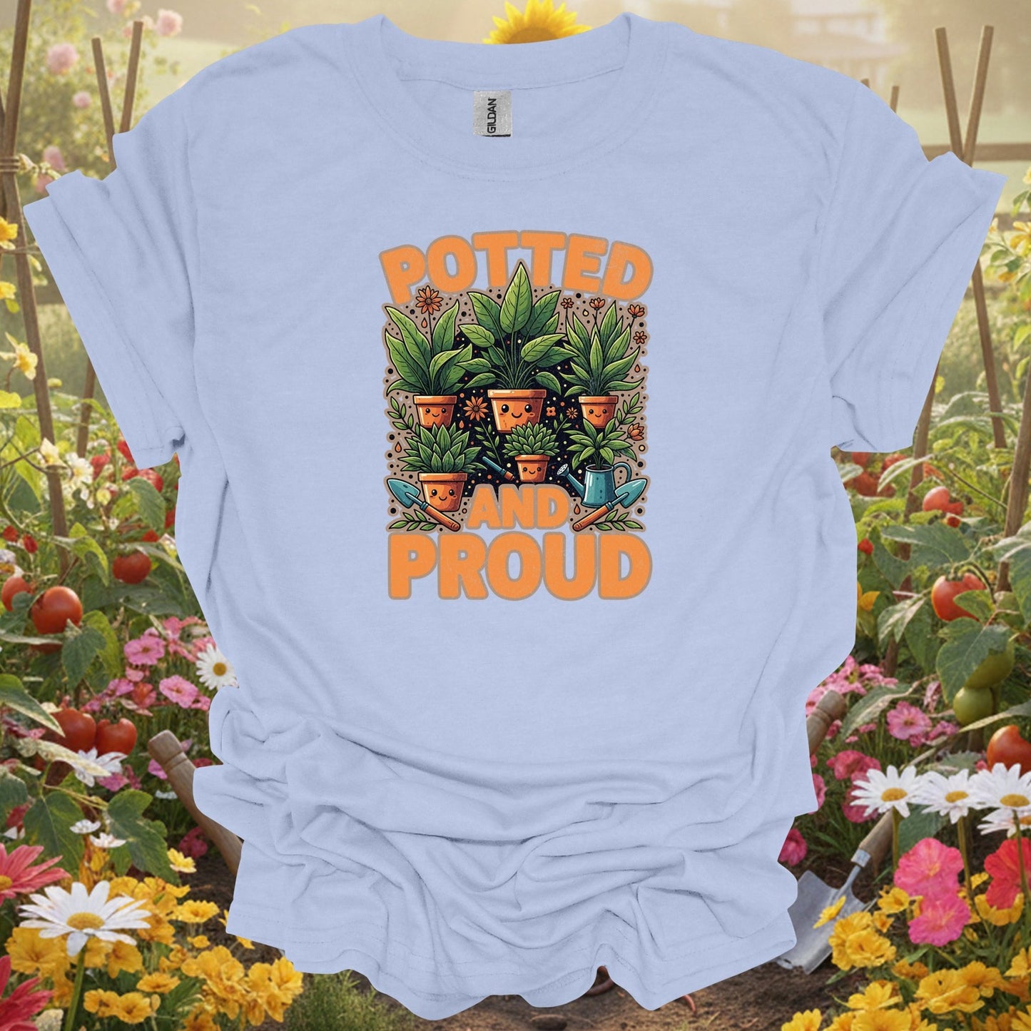 Light Blue shirt showing potted and proud cute houseplant for home gardeners