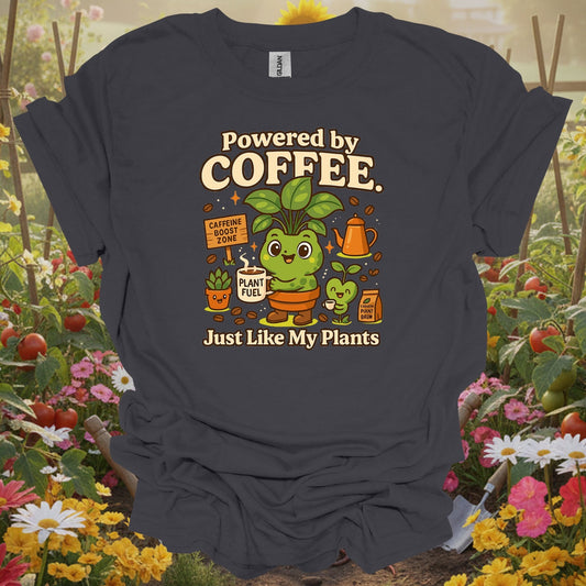 Charcoal tee showing powered by coffee just like my plants frog for plant lovers