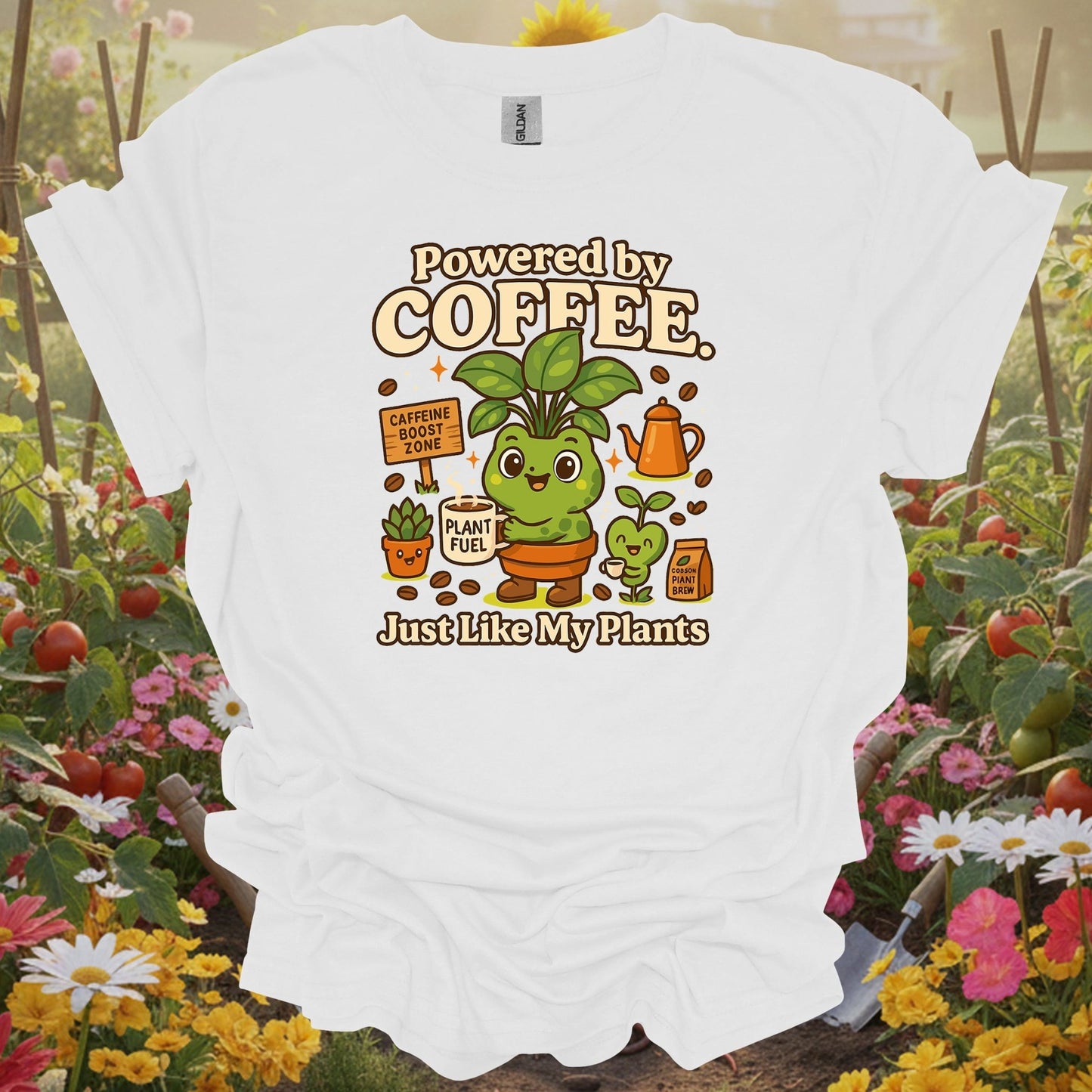 White shirt showing powered by coffee just like my plants frog for outdoor enthusiasts