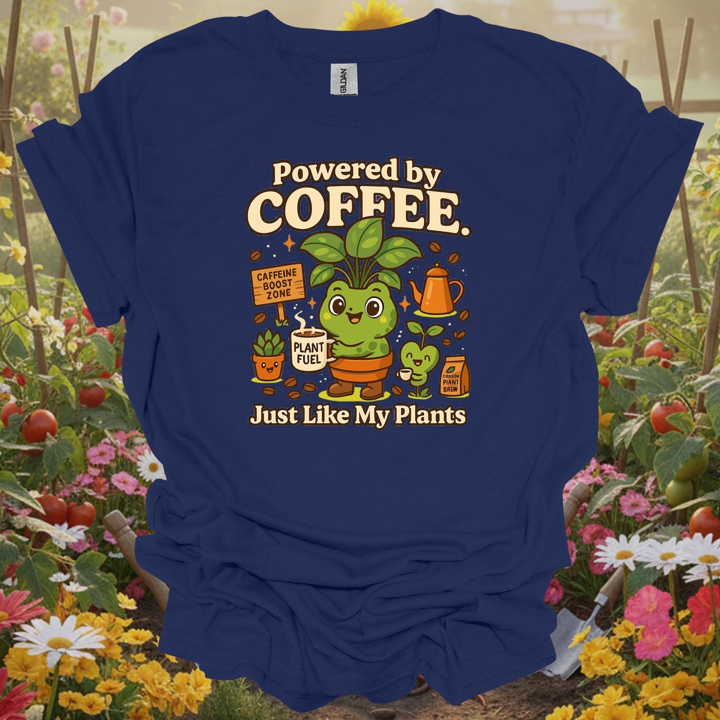 Navy top showing powered by coffee just like my plants frog for green thumb folks