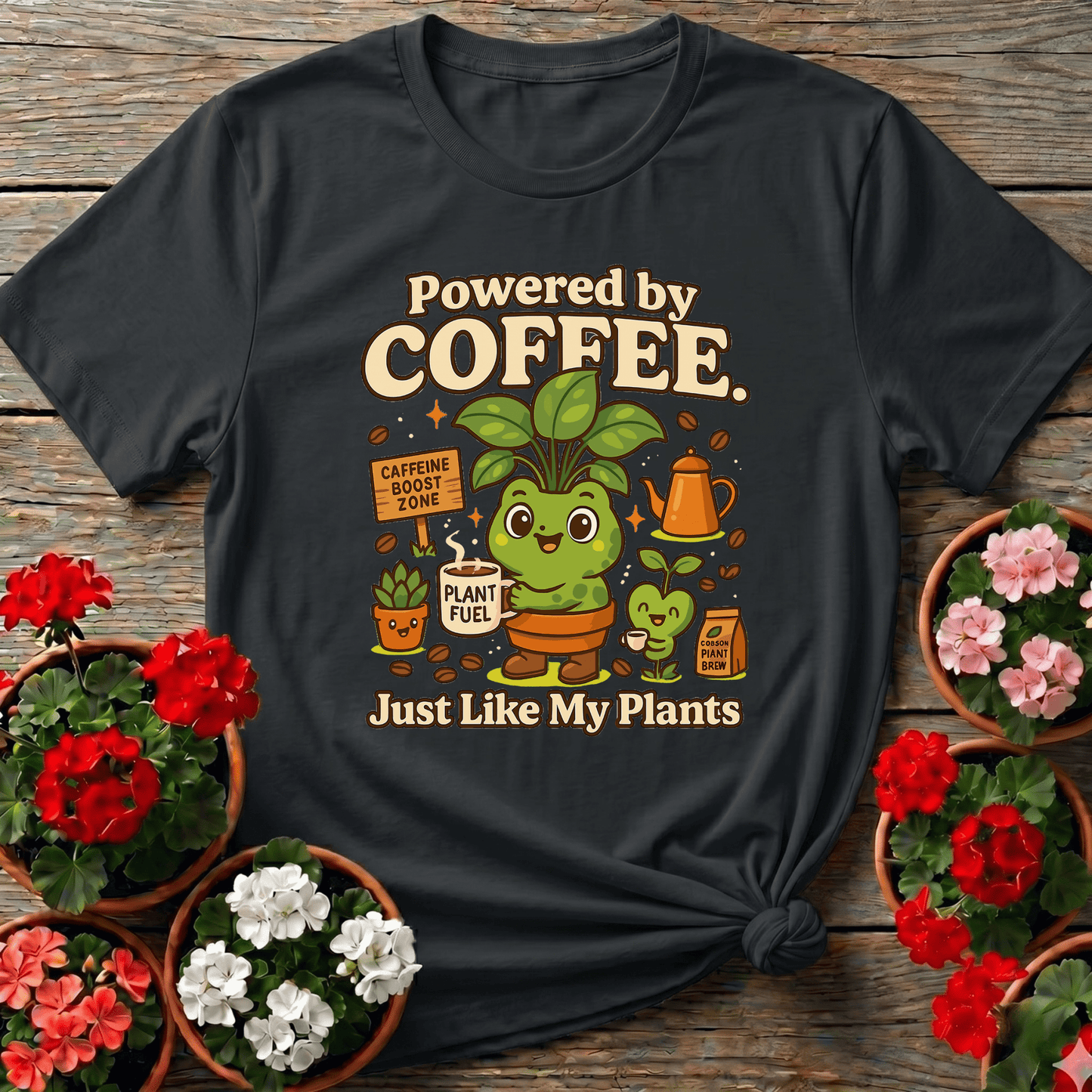 Powered By Coffee Just Like My Plants Frog T-shirt - GardeningTshirts