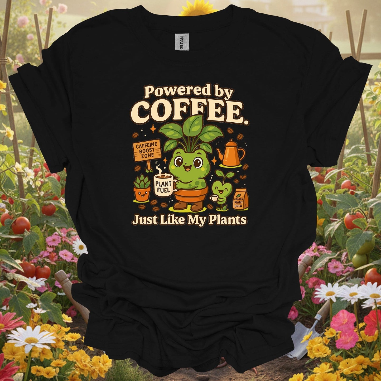 Black top showing powered by coffee just like my plants frog for nature lovers
