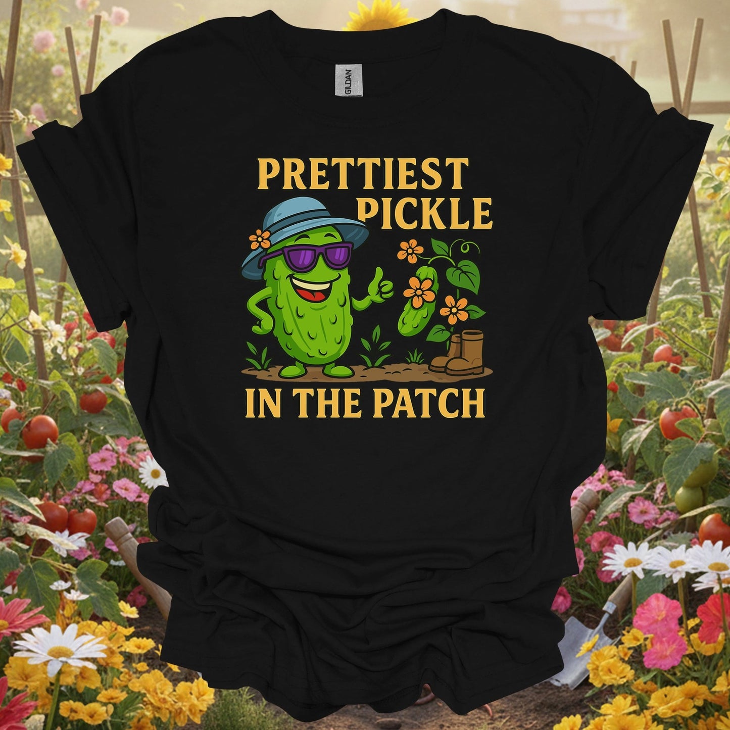 Black shirt showing confident pickle claiming prettiest in the patch title for self-assured growers
