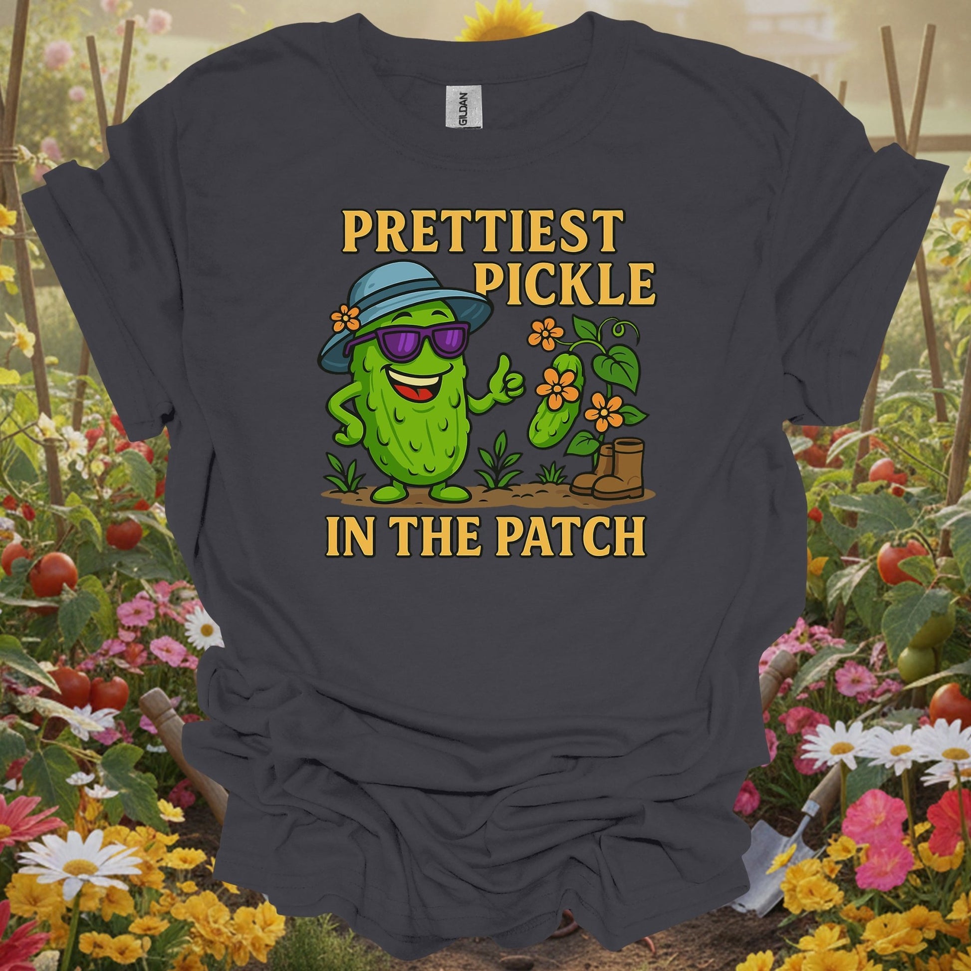 Charcoal tee showing confident pickle claiming prettiest in the patch title for confident gardeners
