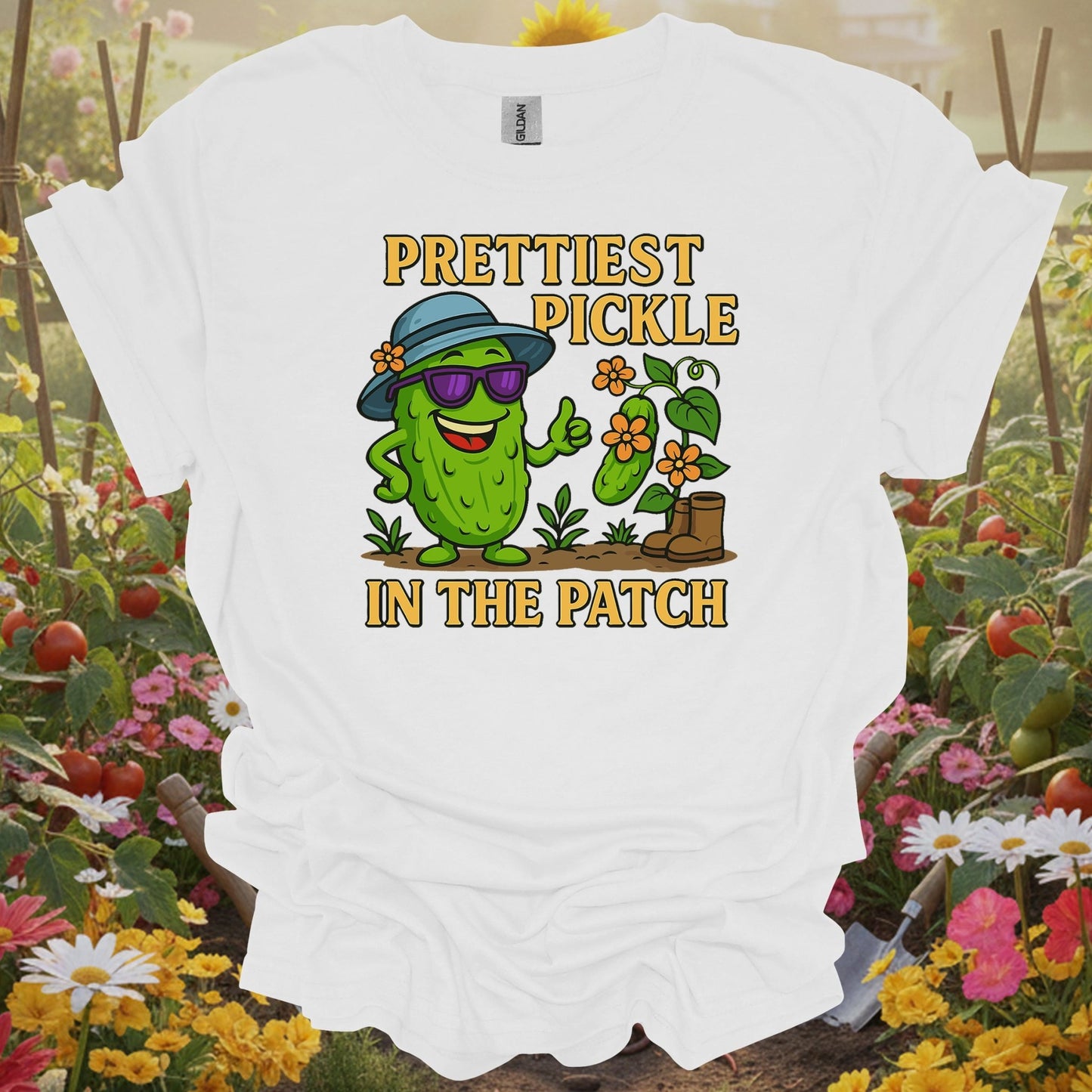 White tee showing confident pickle claiming prettiest in the patch title for garden humor fans