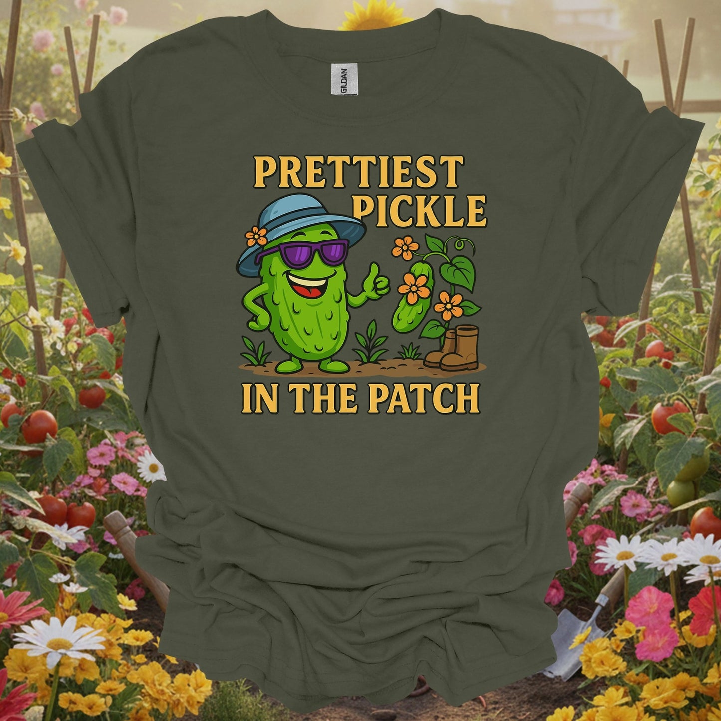 Military Green top showing confident pickle claiming prettiest in the patch title for pickle enthusiasts