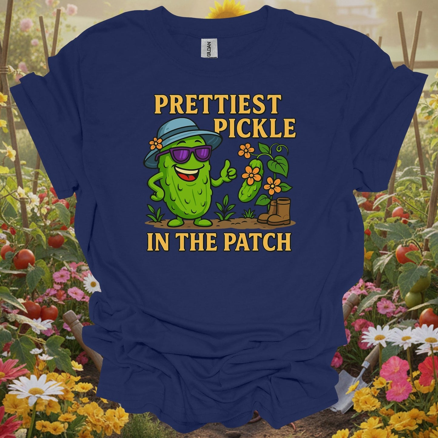 Navy tshirt showing confident pickle claiming prettiest in the patch title for pickle growers