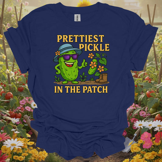 Navy tshirt showing confident pickle claiming prettiest in the patch title for pickle growers