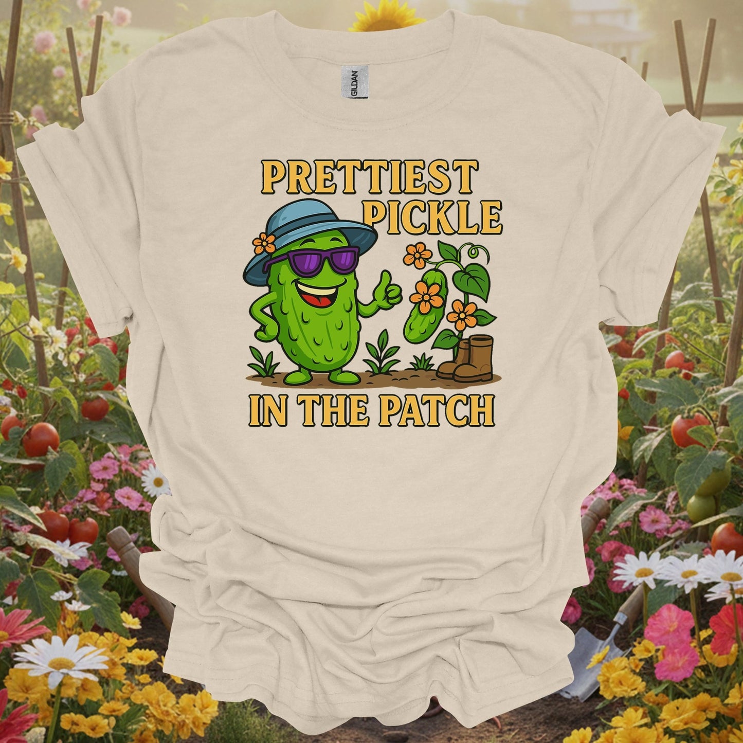 Natural tshirt showing confident pickle claiming prettiest in the patch title for gardeners with pride