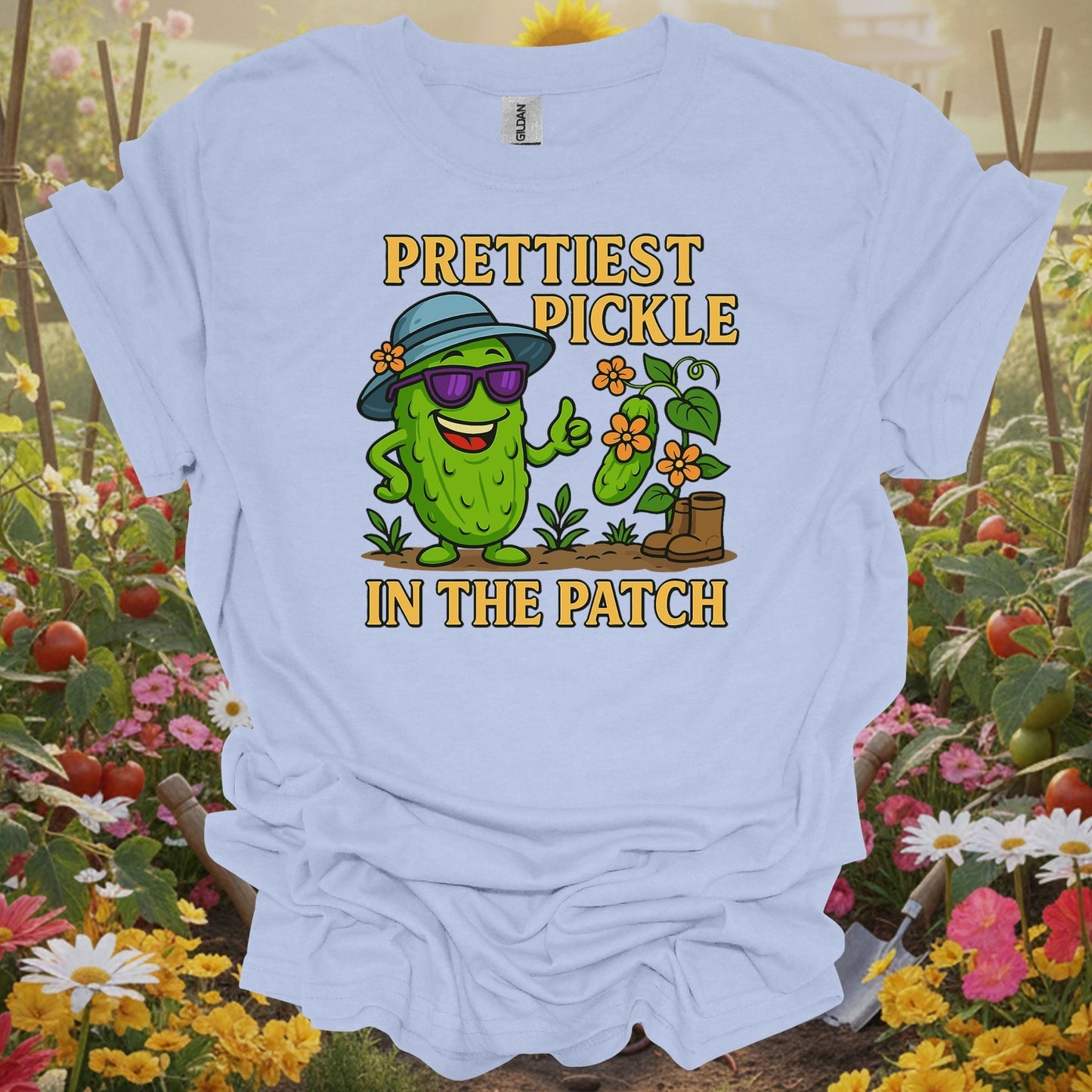 Light Blue shirt showing confident pickle claiming prettiest in the patch title for folks with personality