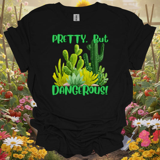 Black tshirt showing pretty but dangerous funny cactus succulent for gardening enthusiasts