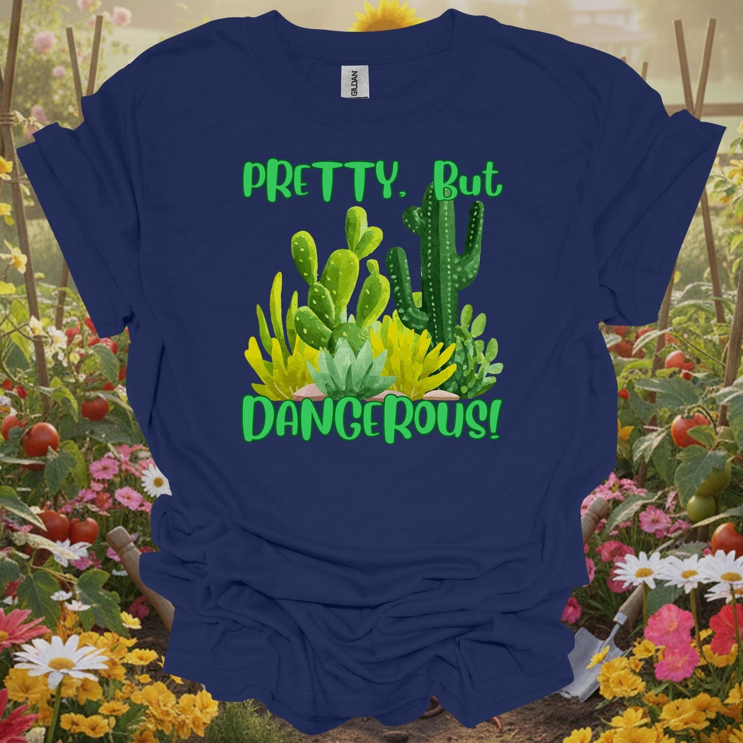 Navy top showing pretty but dangerous funny cactus succulent for green thumb folks