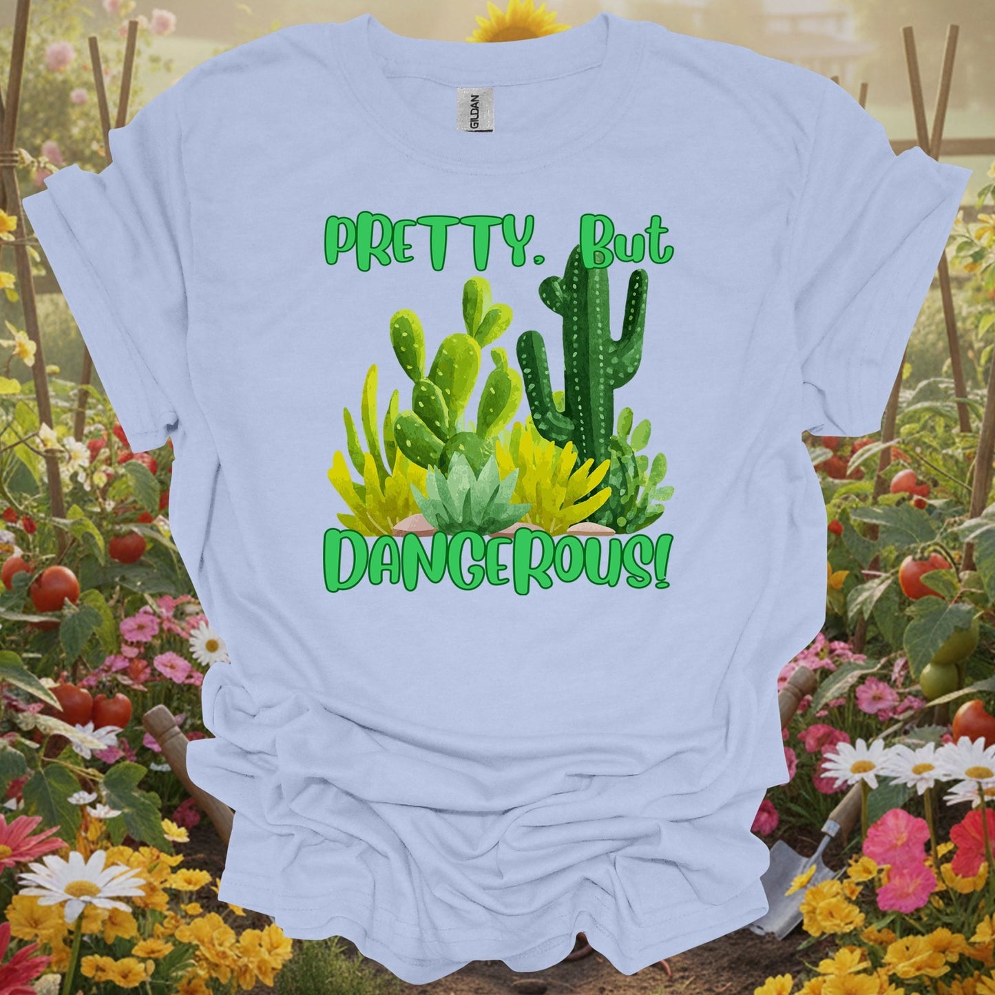 LIght blue shirt showing pretty but dangerous funny cactus succulent for home gardeners