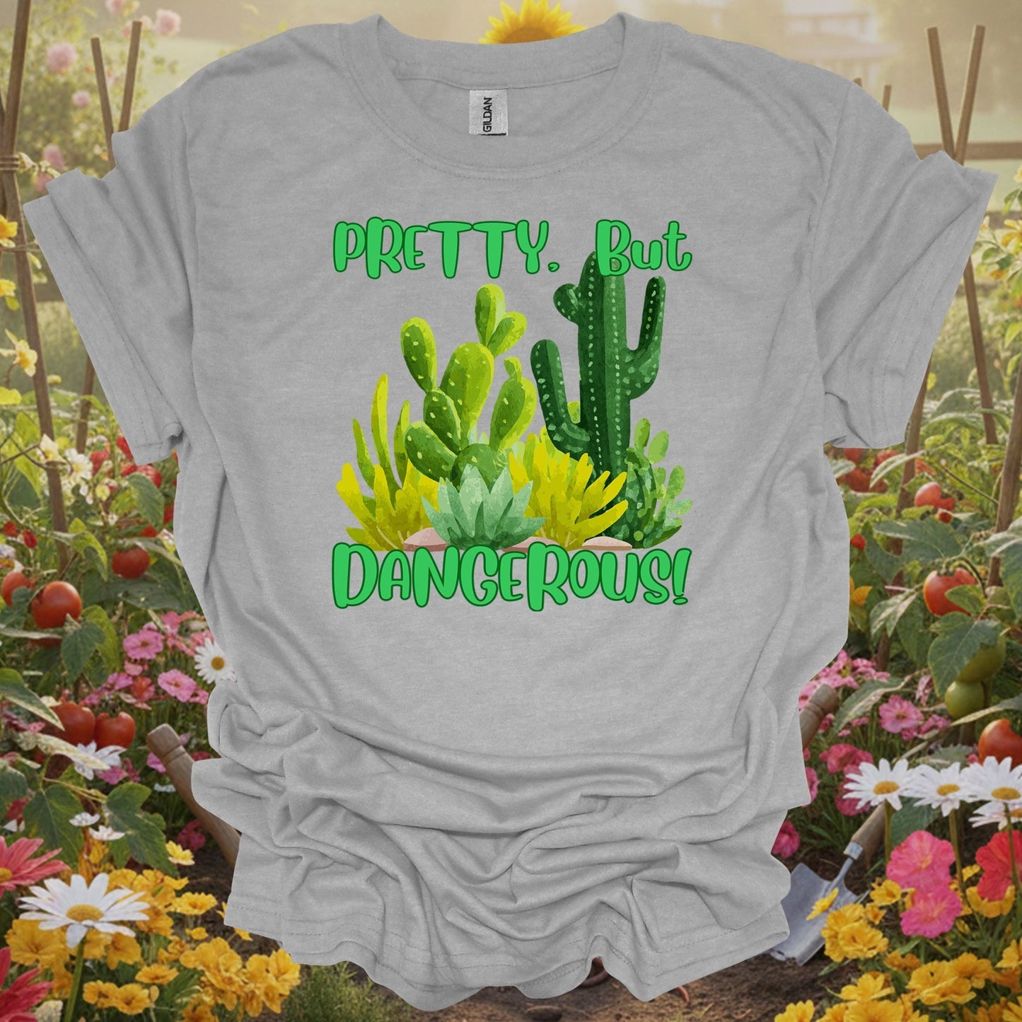 Sport gray tee showing pretty but dangerous funny cactus succulent for garden hobbyists