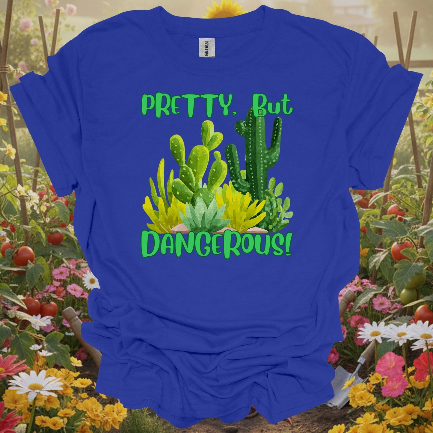 Royal tshirt showing pretty but dangerous funny cactus succulent for backyard growers