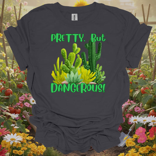 Charcoal tee showing pretty but dangerous funny cactus succulent for plant lovers